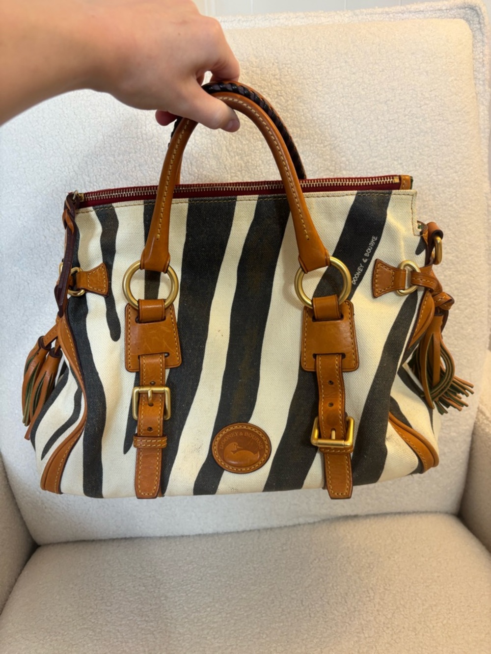 Dooney & Bourke Black and Cream Zebra Stripe Satchel with Tan Leather Trim